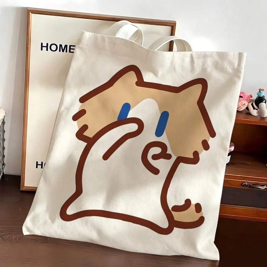 Monthly salary: Meow canvas bag, lightweight, lazy, funny, emoji bag, large capacity tote bag, cute, one shoulder canvas bag for class