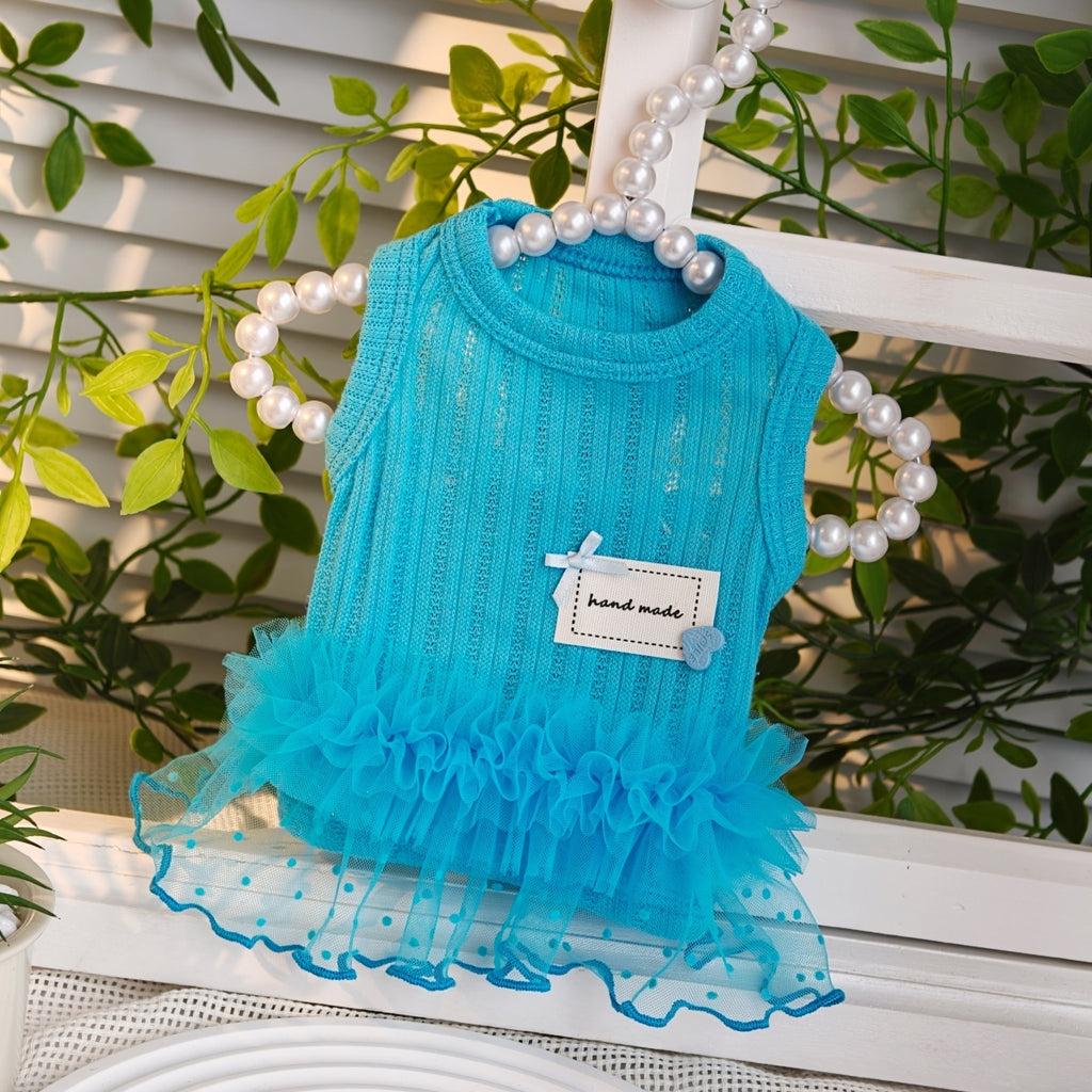 Sweet Blue Mesh Tutu Pet Dress, Soft Knit Princess Outfit for Small Puppies and Cats