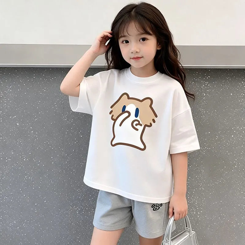 Monthly salary cat print top short sleeved summer girls' T-shirt