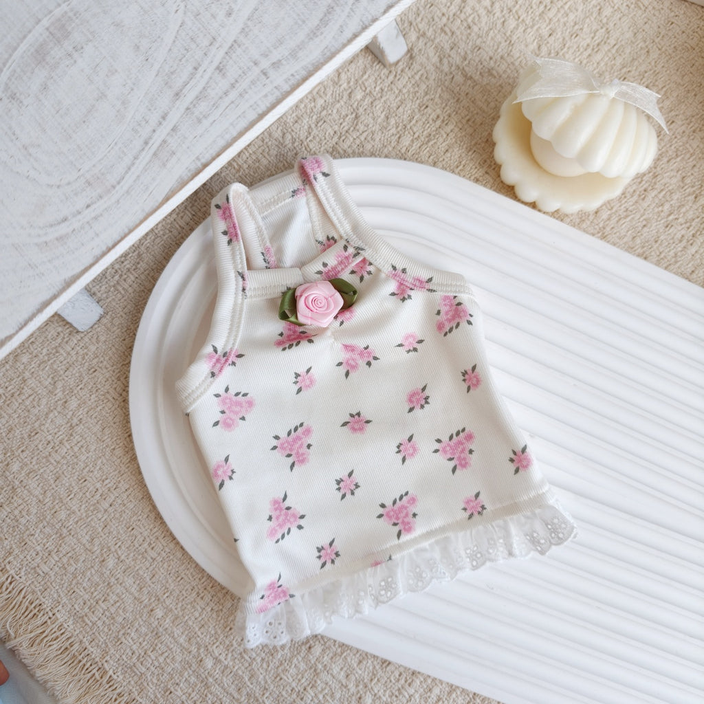Cute Floral Sling Dog Tank Top with 3D Rose Lace Hem, Soft Breathable Pet Summer Vest for Small Dogs Maltese Bichon
