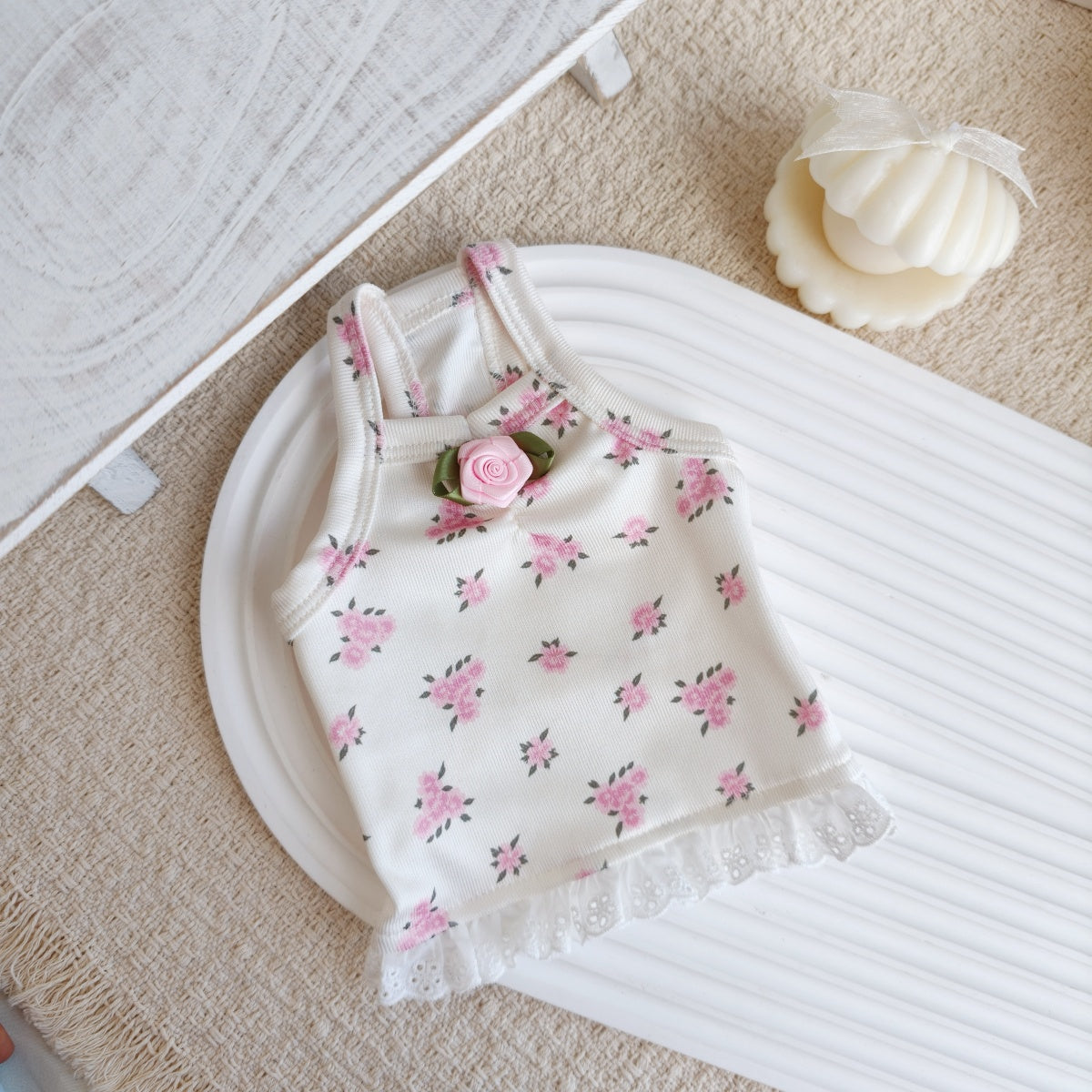 Cute Floral Sling Dog Tank Top with 3D Rose Lace Hem, Soft Breathable Pet Summer Vest for Small Dogs Maltese Bichon