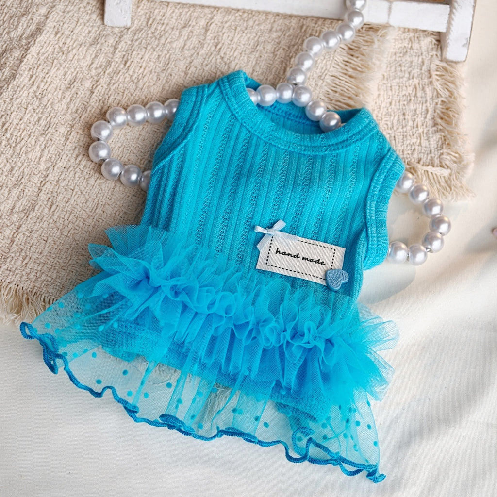 Sweet Blue Mesh Tutu Pet Dress, Soft Knit Princess Outfit for Small Puppies and Cats