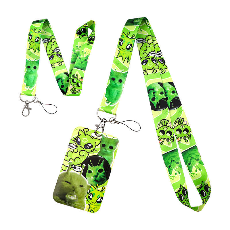 Green Alien Cat Card Holder With Phone Strap