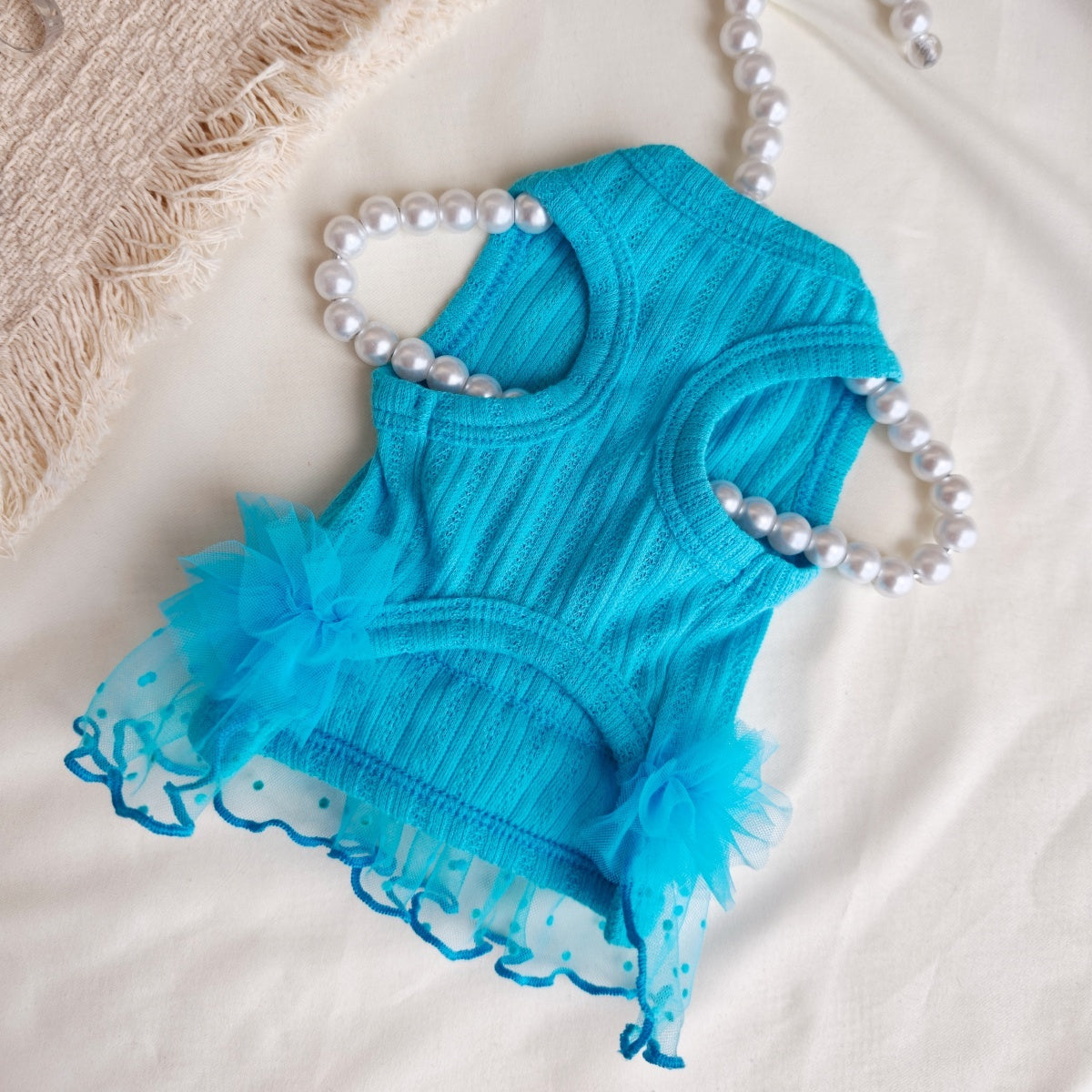 Sweet Blue Mesh Tutu Pet Dress, Soft Knit Princess Outfit for Small Puppies and Cats