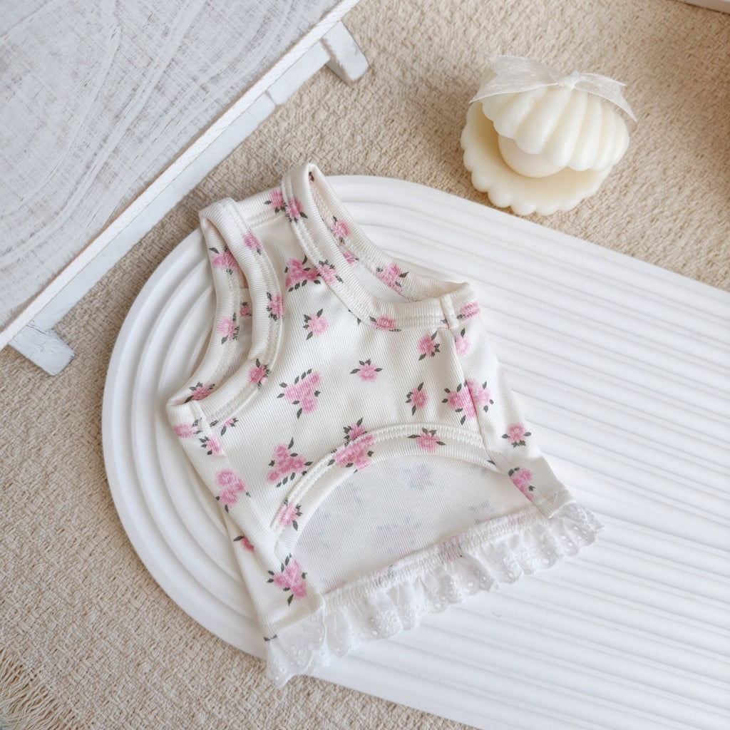 Cute Floral Sling Dog Tank Top with 3D Rose Lace Hem, Soft Breathable Pet Summer Vest for Small Dogs Maltese Bichon