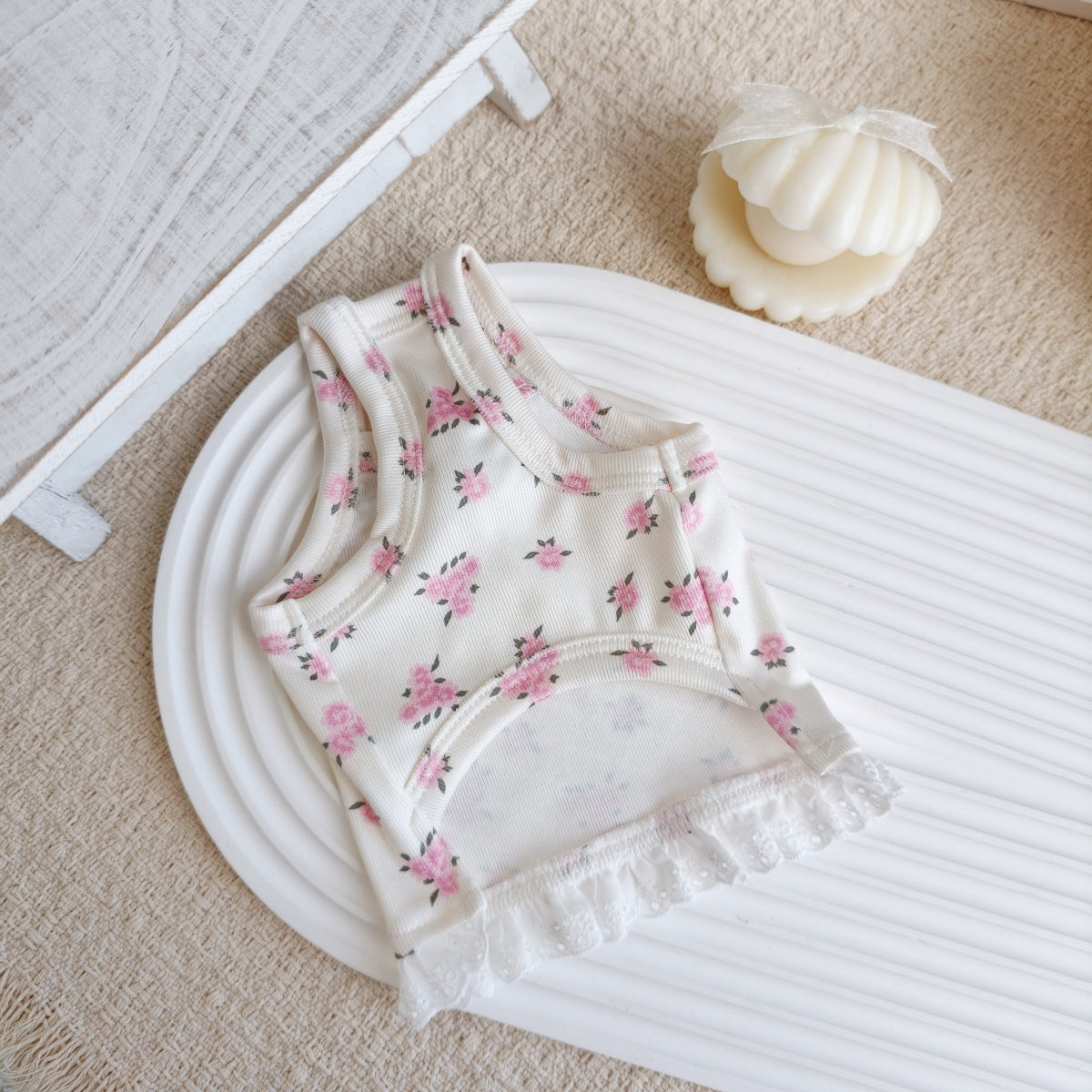Cute Floral Sling Dog Tank Top with 3D Rose Lace Hem, Soft Breathable Pet Summer Vest for Small Dogs Maltese Bichon