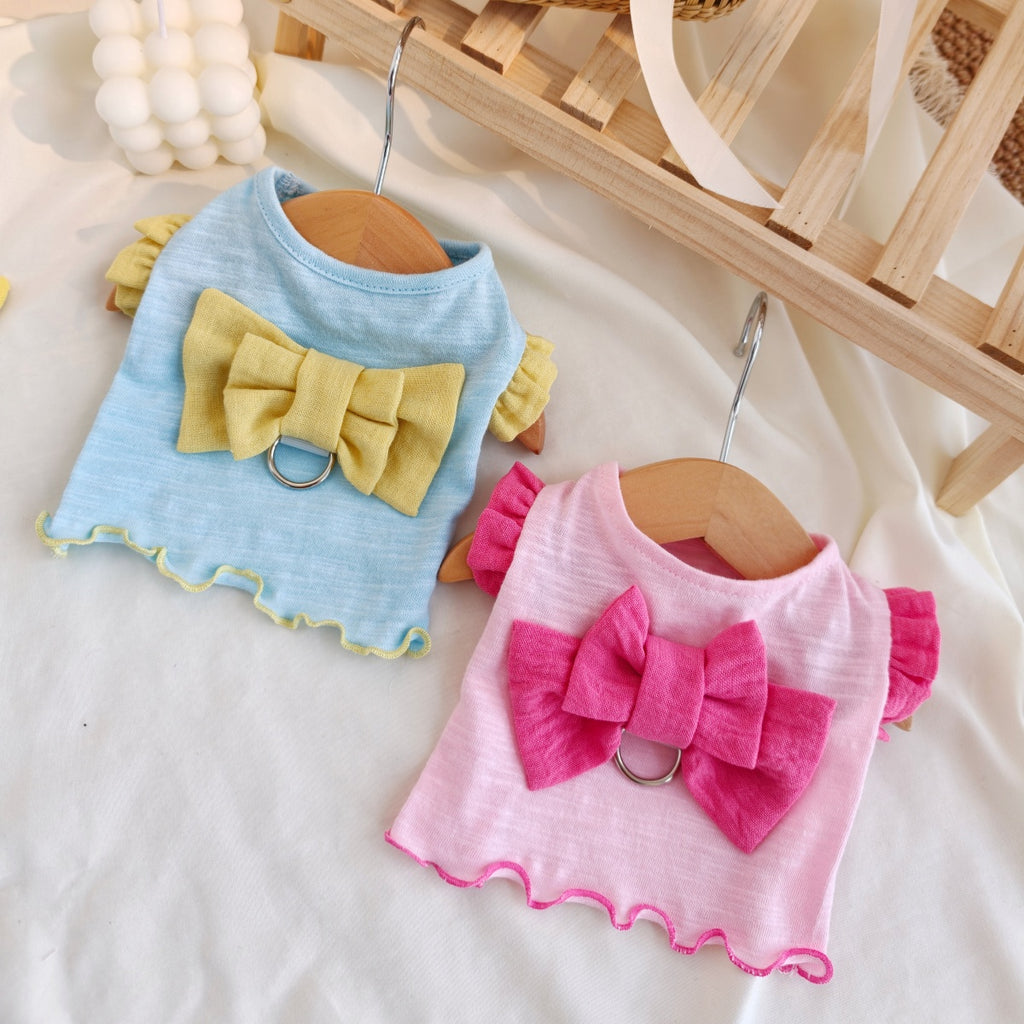 Cute Bow Ruffle Pet Sling Shirt with D-Ring, Lightweight Summer Clothes for Puppies and Small Cats