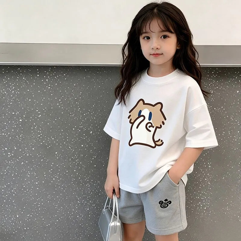 Monthly salary cat print top short sleeved summer girls' T-shirt