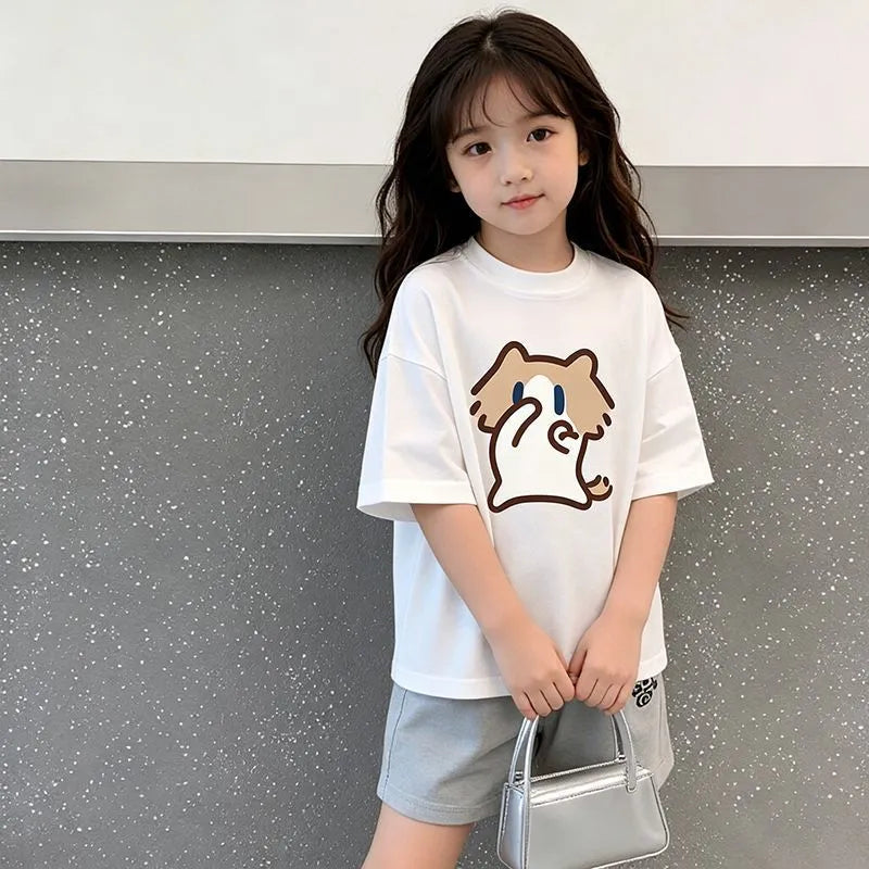 Monthly salary cat print top short sleeved summer girls' T-shirt