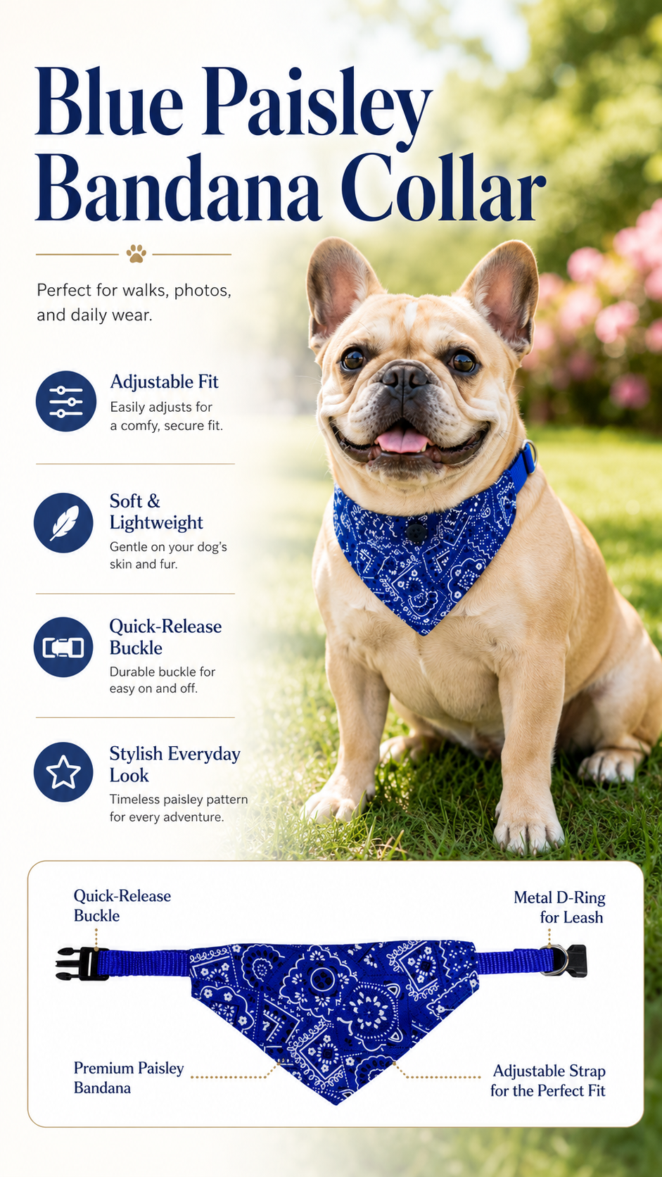 Blue Paisley Pattern Dog Bandana Collar, Adjustable Pet Triangle Scarf with Quick Release Buckle & D-ring, Puppy Neckerchief for Daily Walking Photo