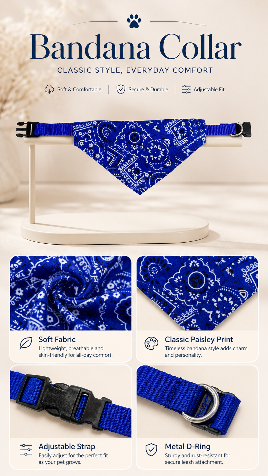 Blue Paisley Pattern Dog Bandana Collar, Adjustable Pet Triangle Scarf with Quick Release Buckle & D-ring, Puppy Neckerchief for Daily Walking Photo