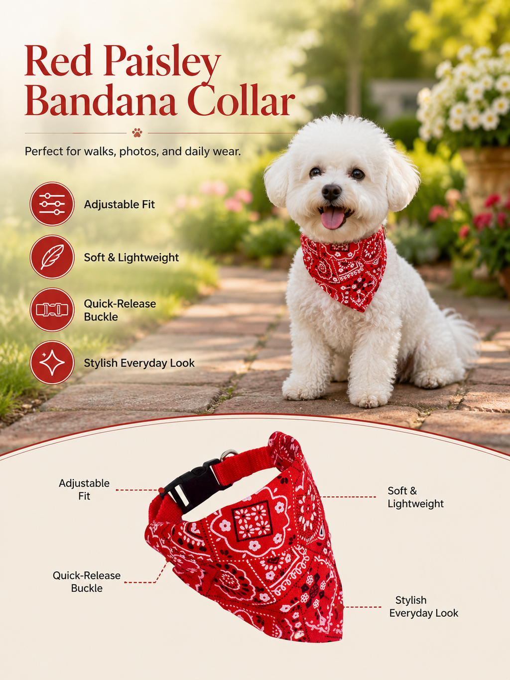 Red Paisley Dog Bandana Collar, Adjustable Pet Triangle Scarf with Quick Release Buckle & Metal D-Ring, Puppy Neck Kerchief for Walking and Photography