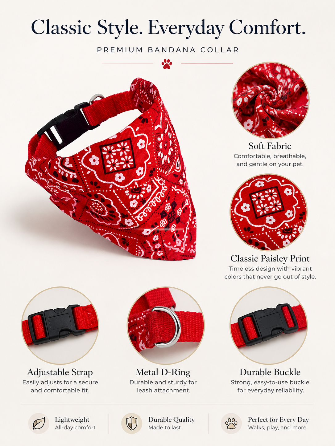 Red Paisley Dog Bandana Collar, Adjustable Pet Triangle Scarf with Quick Release Buckle & Metal D-Ring, Puppy Neck Kerchief for Walking and Photography