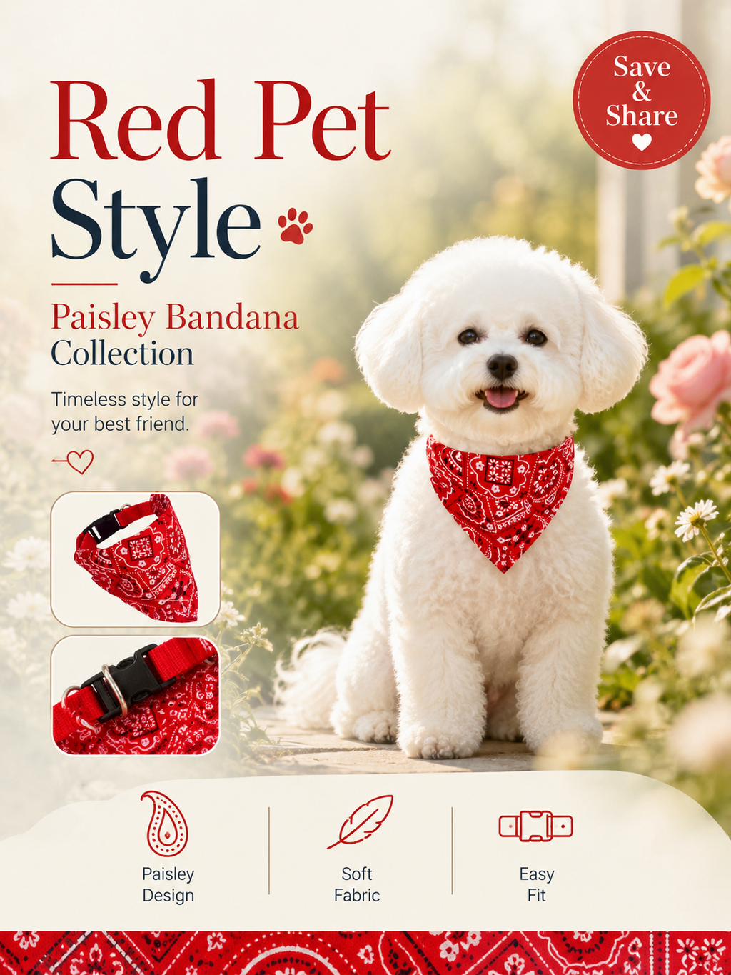 Red Paisley Dog Bandana Collar, Adjustable Pet Triangle Scarf with Quick Release Buckle & Metal D-Ring, Puppy Neck Kerchief for Walking and Photography