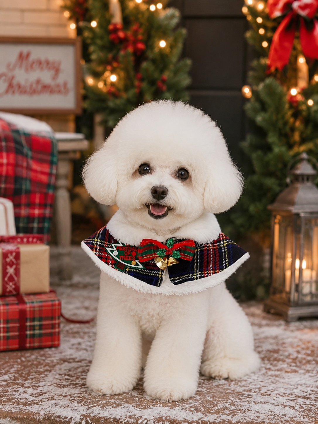 Christmas Plaid Pet Cape, Dog Holiday Collar Shawl with Bow & Bells, Xmas Puppy Costume Neck Wrap for Party Photo Decor