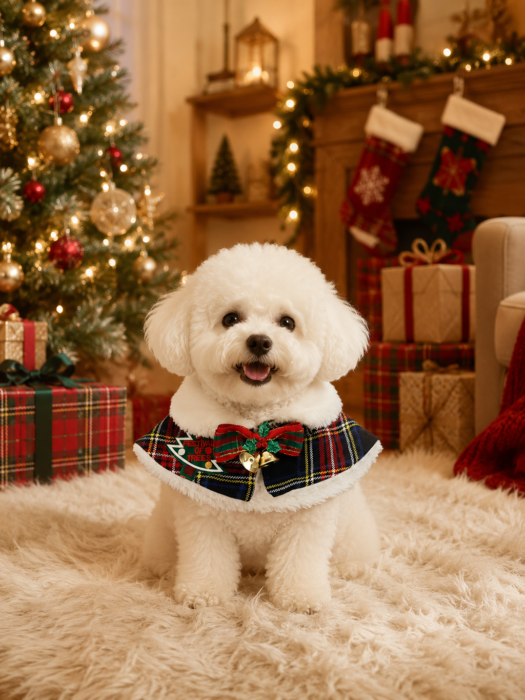 Christmas Plaid Pet Cape, Dog Holiday Collar Shawl with Bow & Bells, Xmas Puppy Costume Neck Wrap for Party Photo Decor