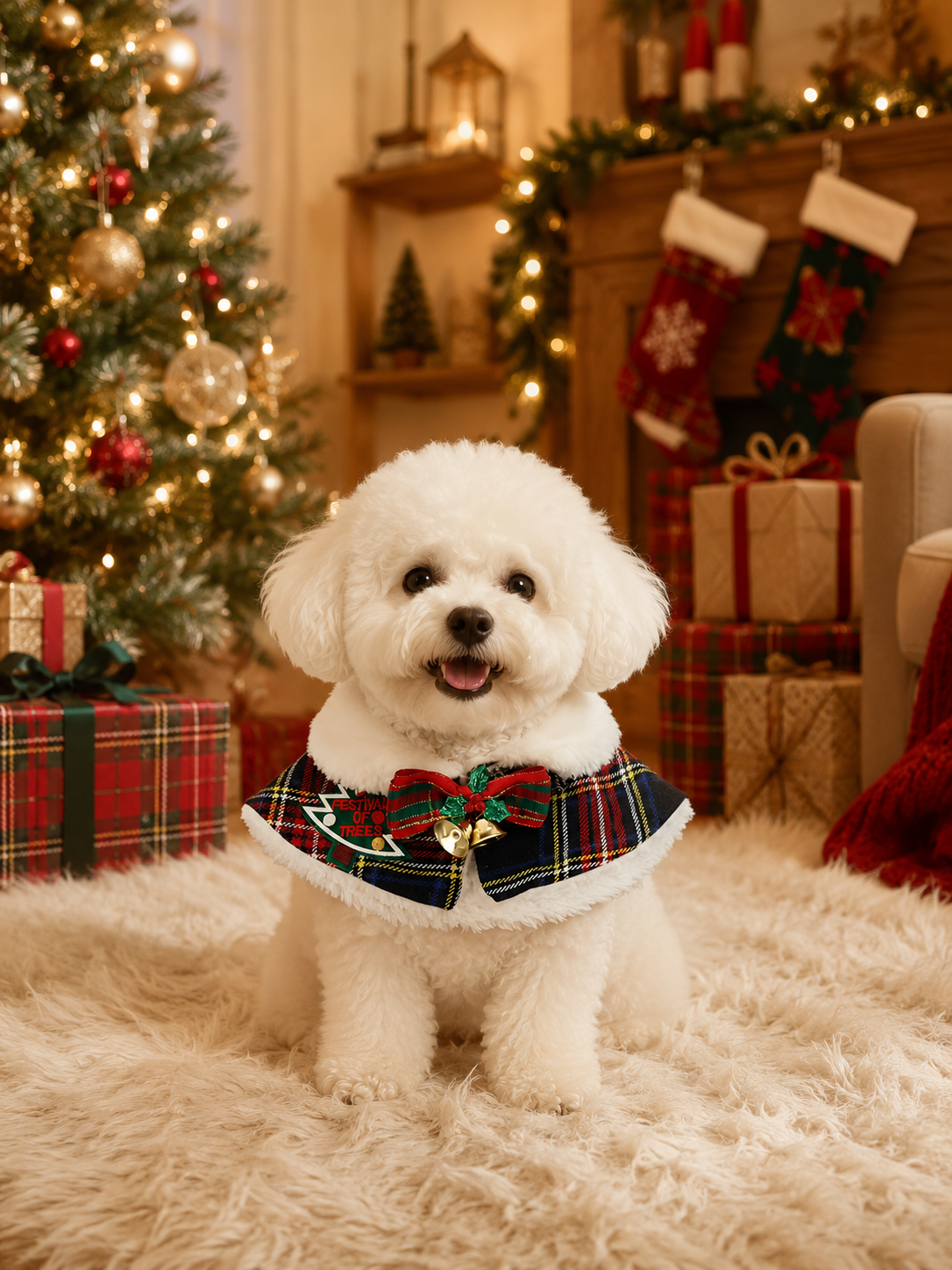 Christmas Plaid Pet Cape, Dog Holiday Collar Shawl with Bow & Bells, Xmas Puppy Costume Neck Wrap for Party Photo Decor
