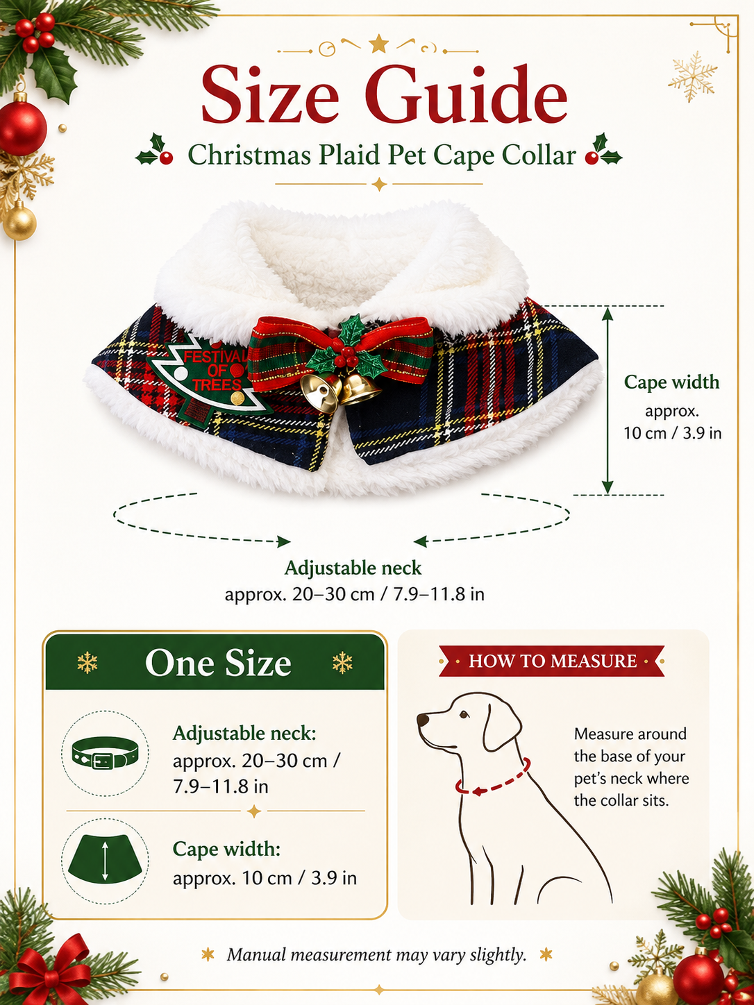 Christmas Plaid Pet Cape, Dog Holiday Collar Shawl with Bow & Bells, Xmas Puppy Costume Neck Wrap for Party Photo Decor