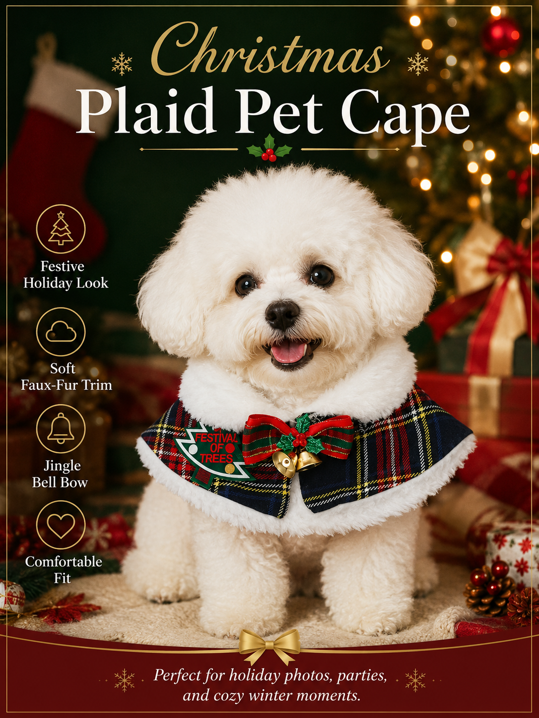 Christmas Plaid Pet Cape, Dog Holiday Collar Shawl with Bow & Bells, Xmas Puppy Costume Neck Wrap for Party Photo Decor