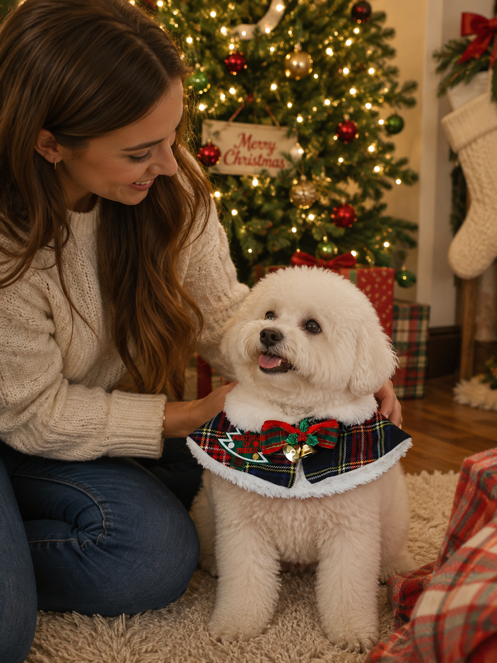 Christmas Plaid Pet Cape, Dog Holiday Collar Shawl with Bow & Bells, Xmas Puppy Costume Neck Wrap for Party Photo Decor