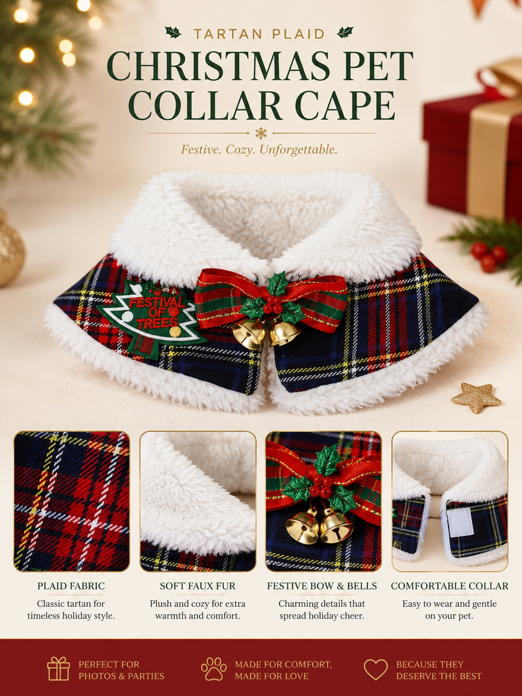 Christmas Plaid Pet Cape, Dog Holiday Collar Shawl with Bow & Bells, Xmas Puppy Costume Neck Wrap for Party Photo Decor