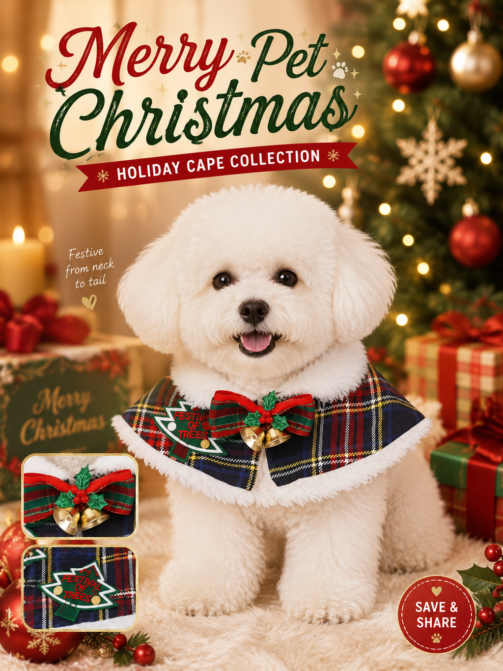 Christmas Plaid Pet Cape, Dog Holiday Collar Shawl with Bow & Bells, Xmas Puppy Costume Neck Wrap for Party Photo Decor