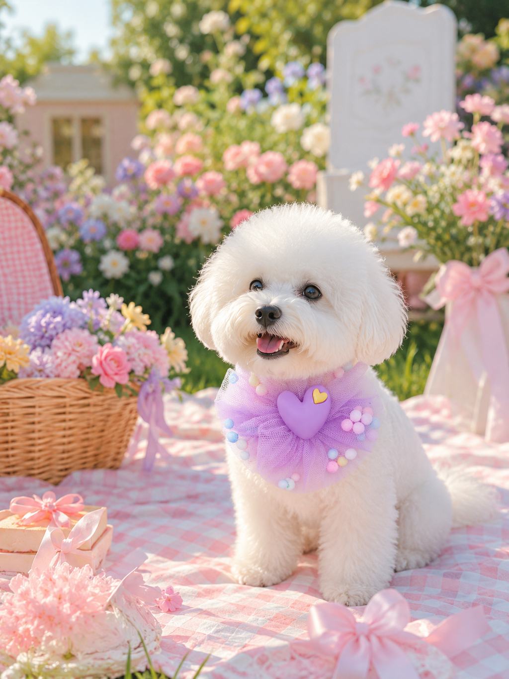 Lavender Mesh Flower Pet Collar, Adjustable Cute Heart Dog Neck Collar with Pom Pom Decor, Sweet Puppy Neck Accessory for Party & Photo Shooting