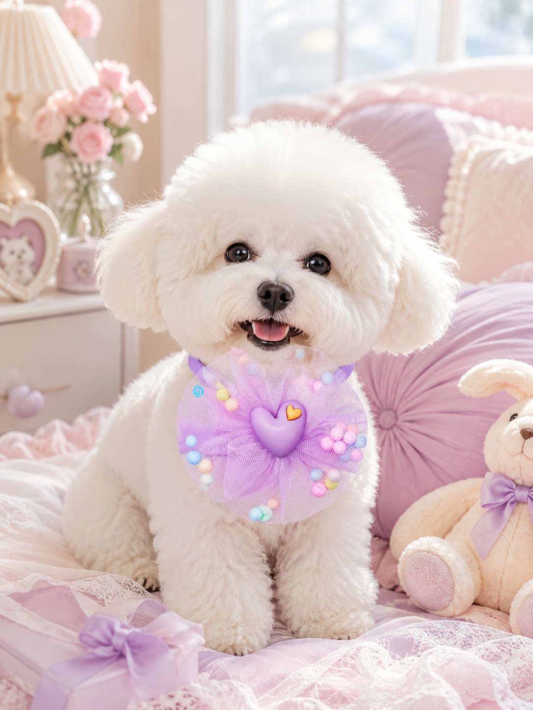 Lavender Mesh Flower Pet Collar, Adjustable Cute Heart Dog Neck Collar with Pom Pom Decor, Sweet Puppy Neck Accessory for Party & Photo Shooting