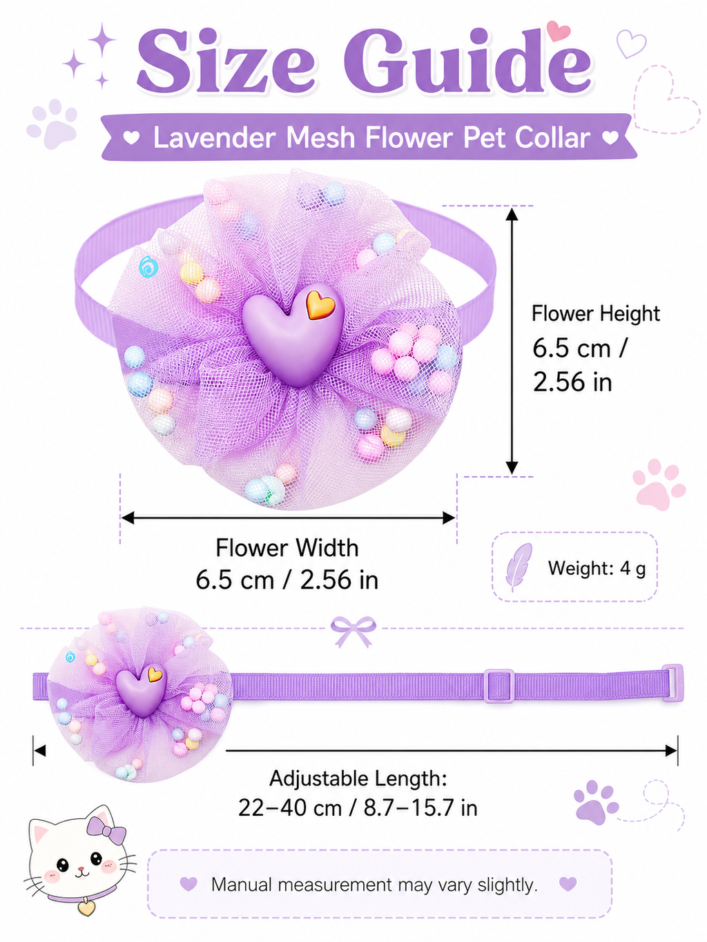 Lavender Mesh Flower Pet Collar, Adjustable Cute Heart Dog Neck Collar with Pom Pom Decor, Sweet Puppy Neck Accessory for Party & Photo Shooting