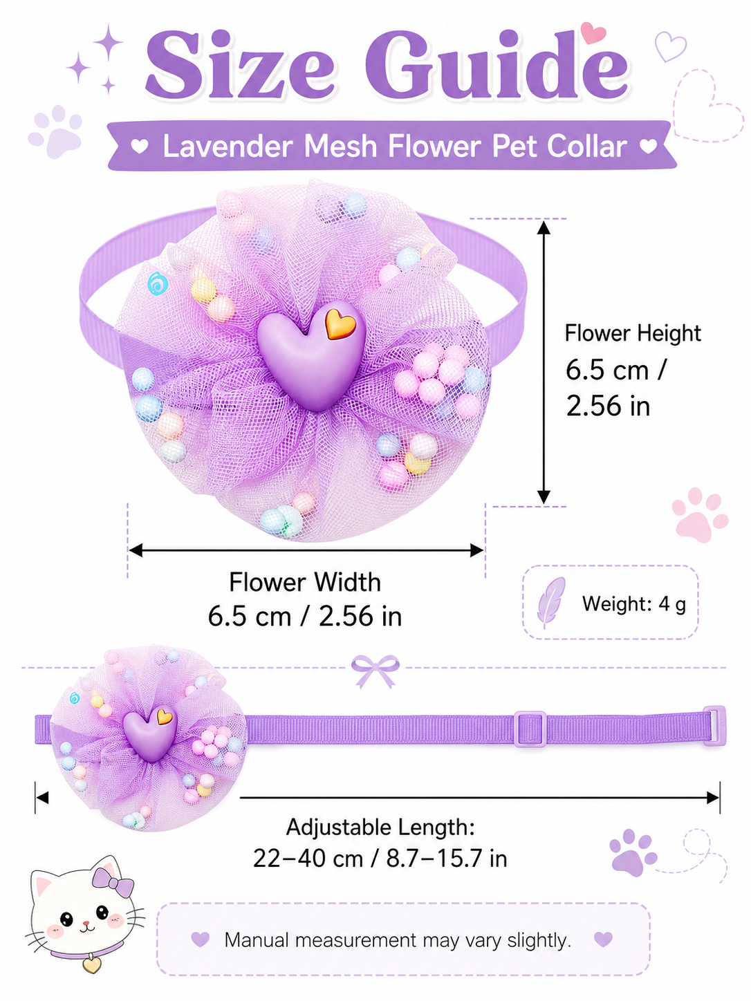 Lavender Mesh Flower Pet Collar, Adjustable Cute Heart Dog Neck Collar with Pom Pom Decor, Sweet Puppy Neck Accessory for Party & Photo Shooting
