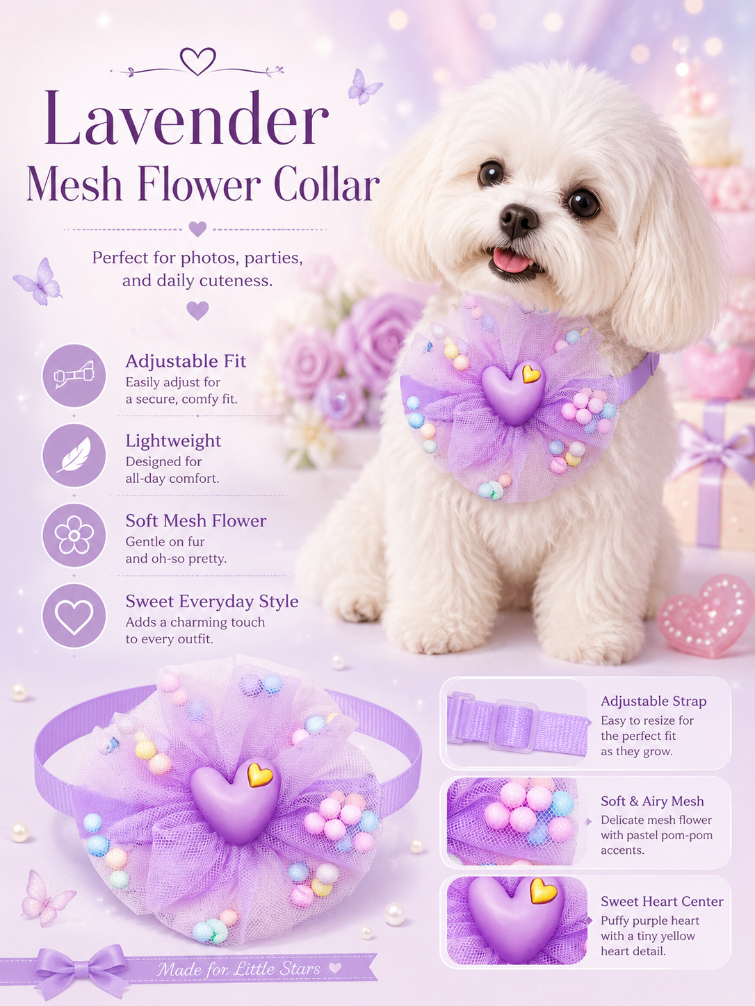 Lavender Mesh Flower Pet Collar, Adjustable Cute Heart Dog Neck Collar with Pom Pom Decor, Sweet Puppy Neck Accessory for Party & Photo Shooting