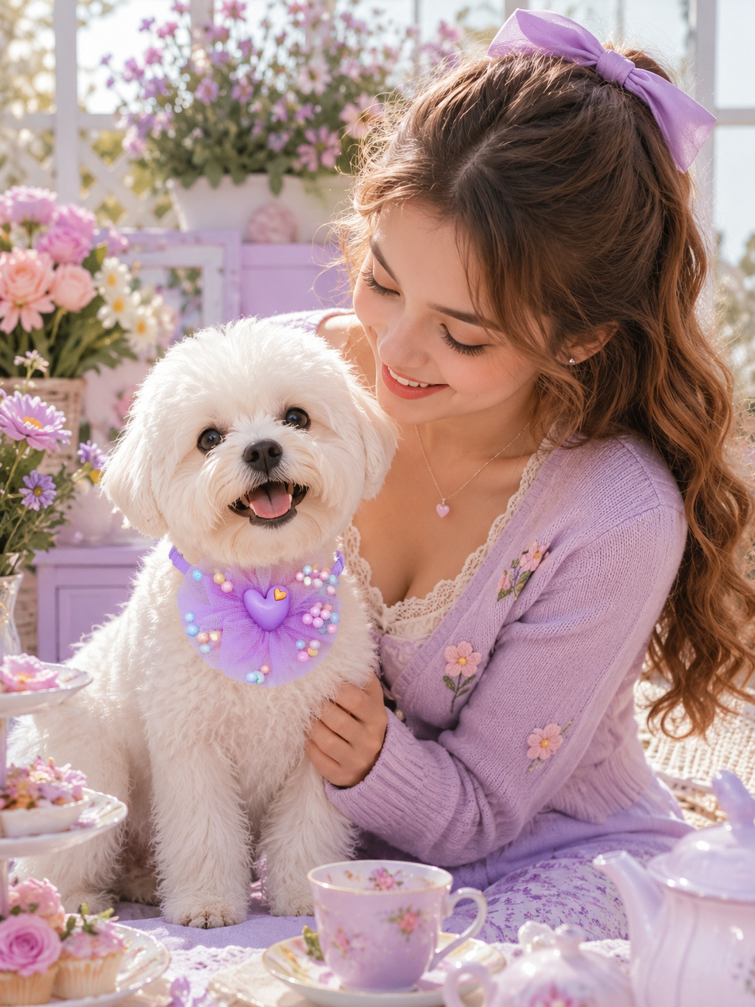 Lavender Mesh Flower Pet Collar, Adjustable Cute Heart Dog Neck Collar with Pom Pom Decor, Sweet Puppy Neck Accessory for Party & Photo Shooting