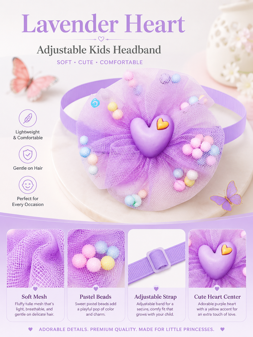 Lavender Mesh Flower Pet Collar, Adjustable Cute Heart Dog Neck Collar with Pom Pom Decor, Sweet Puppy Neck Accessory for Party & Photo Shooting