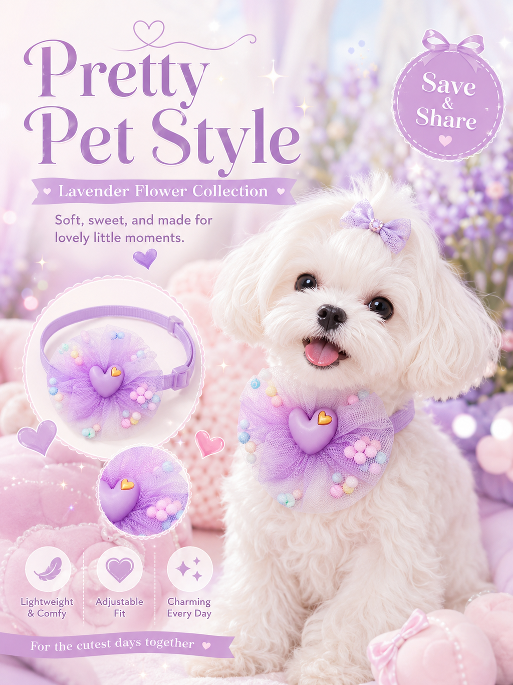 Lavender Mesh Flower Pet Collar, Adjustable Cute Heart Dog Neck Collar with Pom Pom Decor, Sweet Puppy Neck Accessory for Party & Photo Shooting