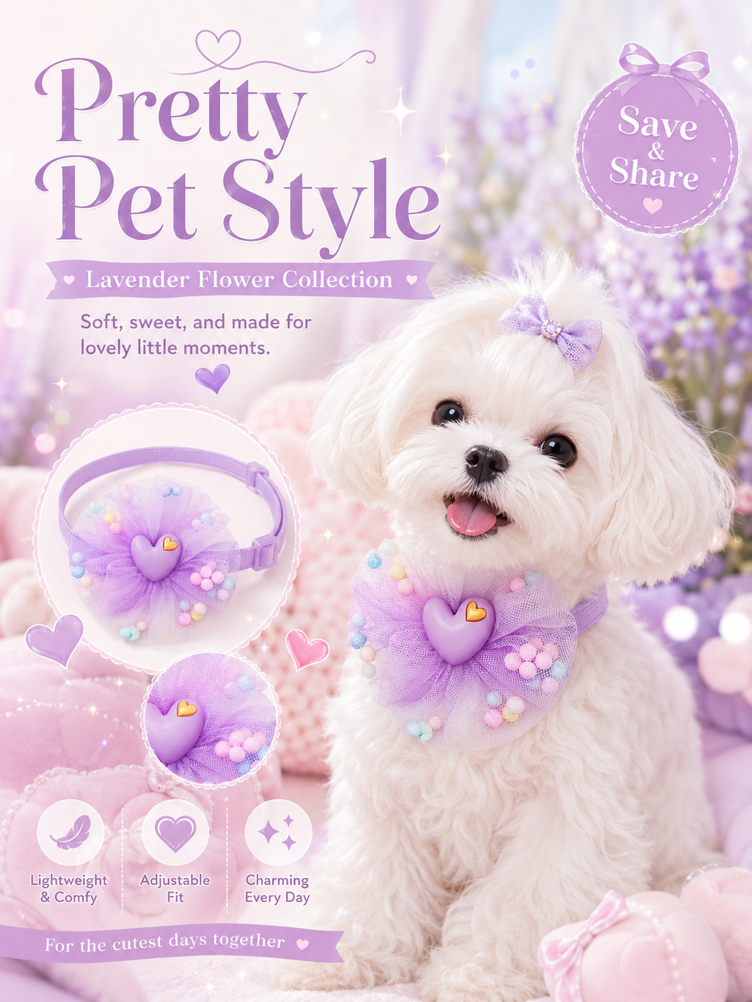 Lavender Mesh Flower Pet Collar, Adjustable Cute Heart Dog Neck Collar with Pom Pom Decor, Sweet Puppy Neck Accessory for Party & Photo Shooting