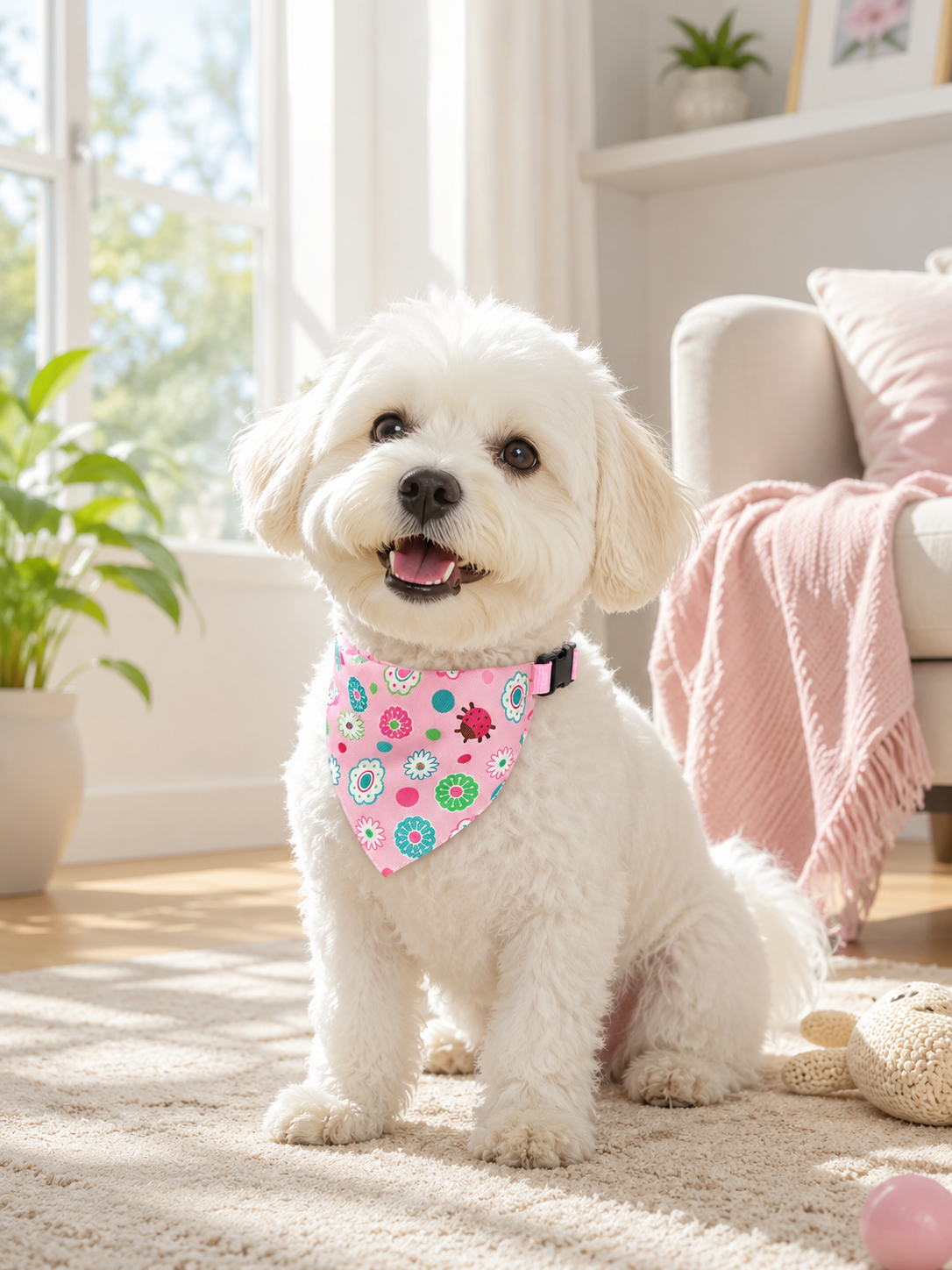 Pink Floral Ladybug Dog Bandana Collar, Adjustable Pet Triangle Scarf with Quick Release Buckle, Cute Puppy Neckerchief for Daily Walks & Pet Photography
