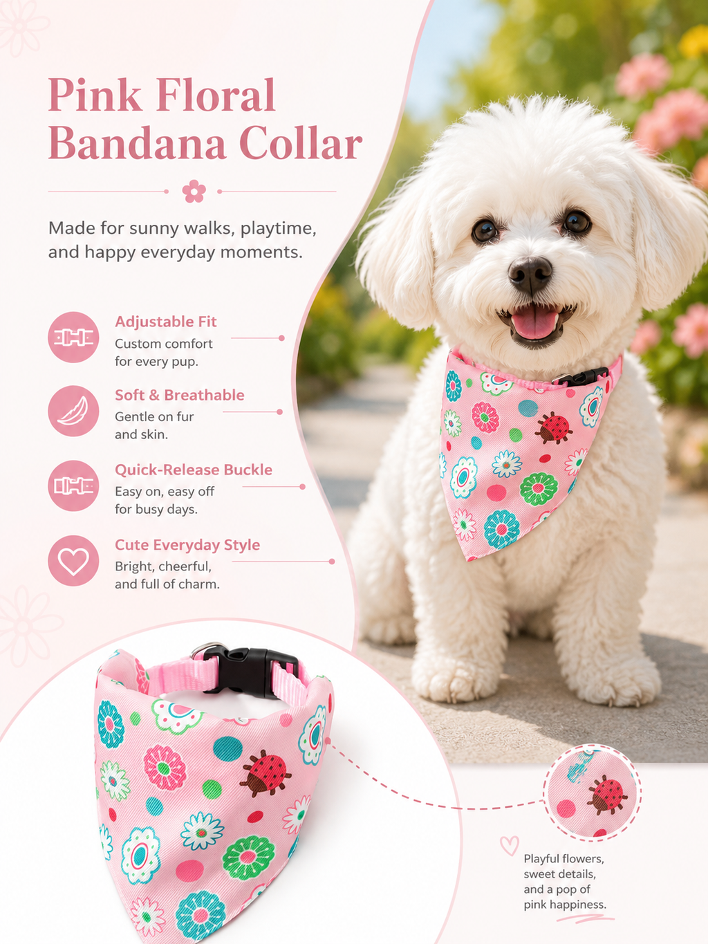 Pink Floral Ladybug Dog Bandana Collar, Adjustable Pet Triangle Scarf with Quick Release Buckle, Cute Puppy Neckerchief for Daily Walks & Pet Photography
