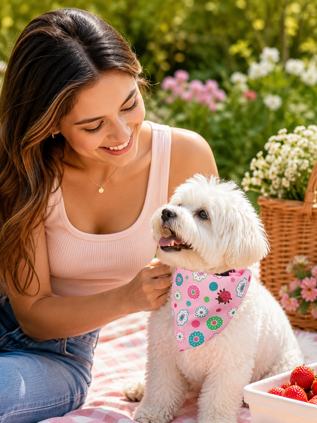 Pink Floral Ladybug Dog Bandana Collar, Adjustable Pet Triangle Scarf with Quick Release Buckle, Cute Puppy Neckerchief for Daily Walks & Pet Photography