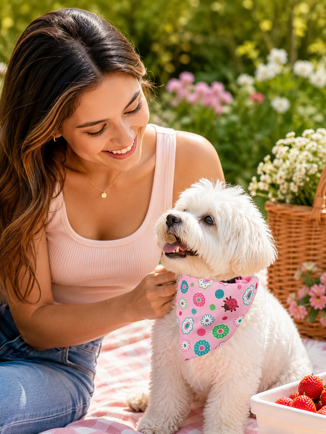 Pink Floral Ladybug Dog Bandana Collar, Adjustable Pet Triangle Scarf with Quick Release Buckle, Cute Puppy Neckerchief for Daily Walks & Pet Photography