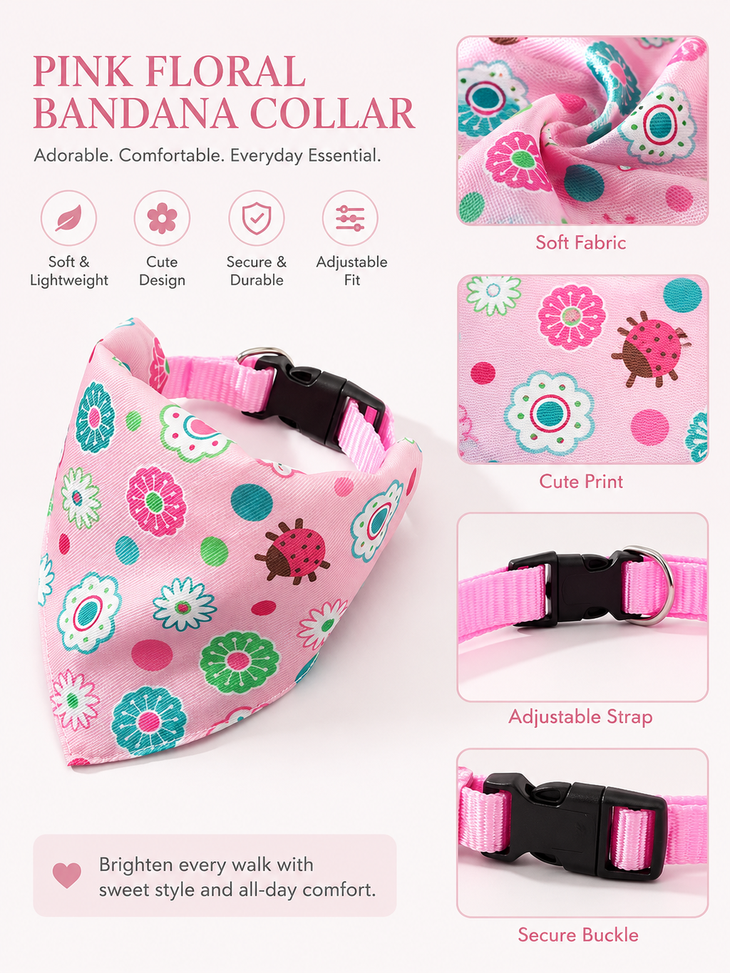 Pink Floral Ladybug Dog Bandana Collar, Adjustable Pet Triangle Scarf with Quick Release Buckle, Cute Puppy Neckerchief for Daily Walks & Pet Photography