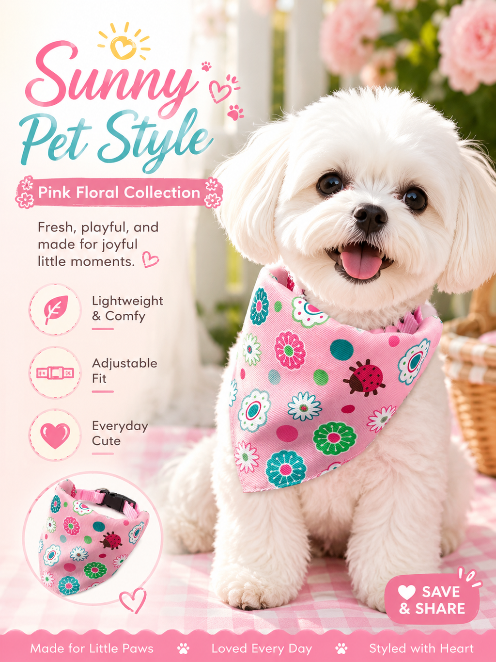 Pink Floral Ladybug Dog Bandana Collar, Adjustable Pet Triangle Scarf with Quick Release Buckle, Cute Puppy Neckerchief for Daily Walks & Pet Photography