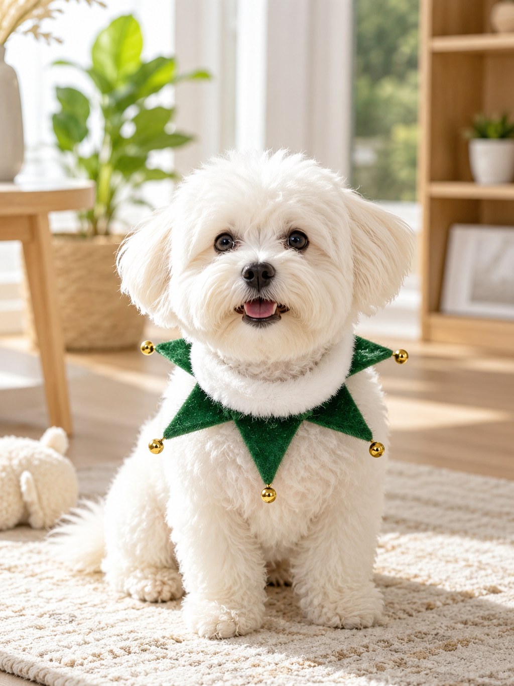 Green Star Christmas Pet Collar, Faux Fur Trim Dog Neck Decor with Jingle Bells, Adjustable Ribbon Puppy Holiday Accessory for Xmas Party & Photography