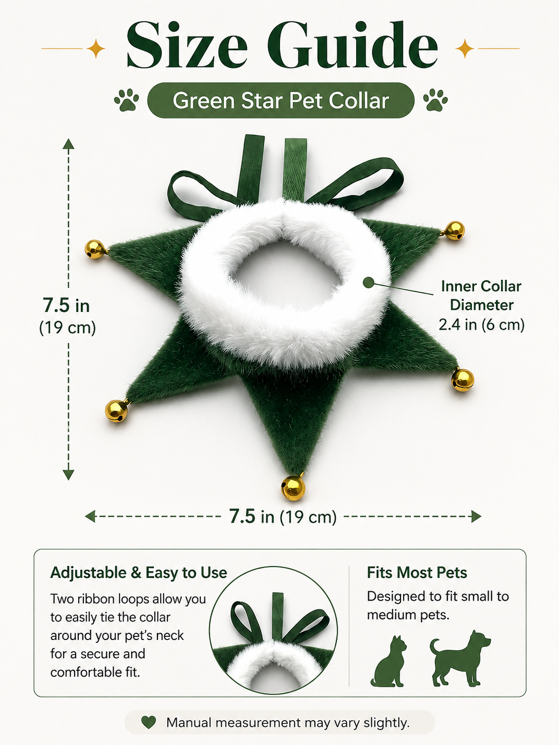 Green Star Christmas Pet Collar, Faux Fur Trim Dog Neck Decor with Jingle Bells, Adjustable Ribbon Puppy Holiday Accessory for Xmas Party & Photography
