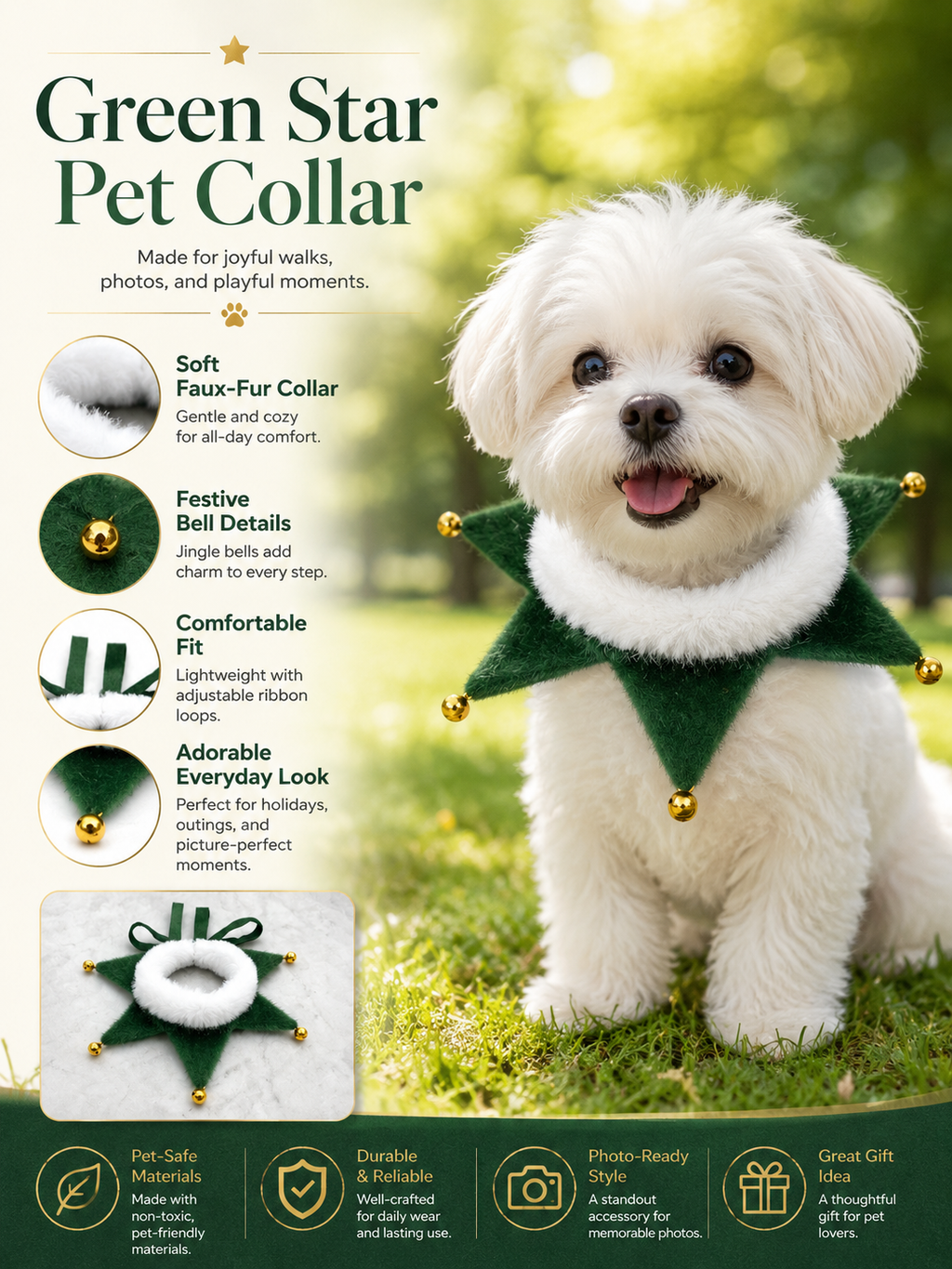 Green Star Christmas Pet Collar, Faux Fur Trim Dog Neck Decor with Jingle Bells, Adjustable Ribbon Puppy Holiday Accessory for Xmas Party & Photography