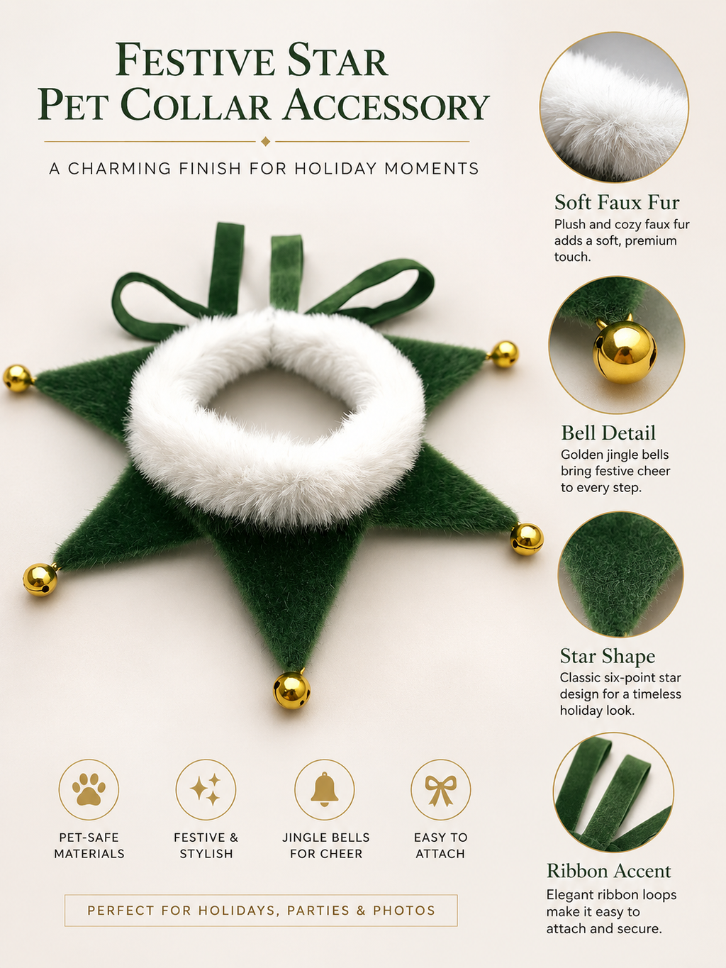 Green Star Christmas Pet Collar, Faux Fur Trim Dog Neck Decor with Jingle Bells, Adjustable Ribbon Puppy Holiday Accessory for Xmas Party & Photography