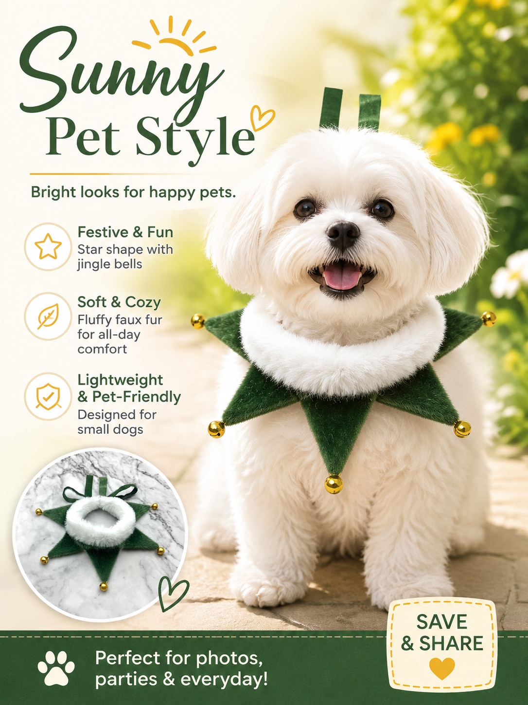 Green Star Christmas Pet Collar, Faux Fur Trim Dog Neck Decor with Jingle Bells, Adjustable Ribbon Puppy Holiday Accessory for Xmas Party & Photography