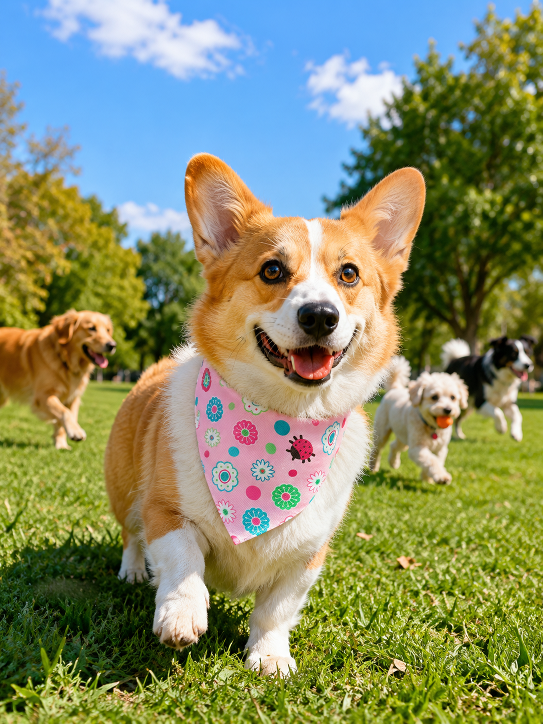 Pink Floral Ladybug Dog Bandana Collar, Adjustable Pet Triangle Scarf, Cute Puppy Neckerchief for Daily Walks & Outdoor Pet Photography