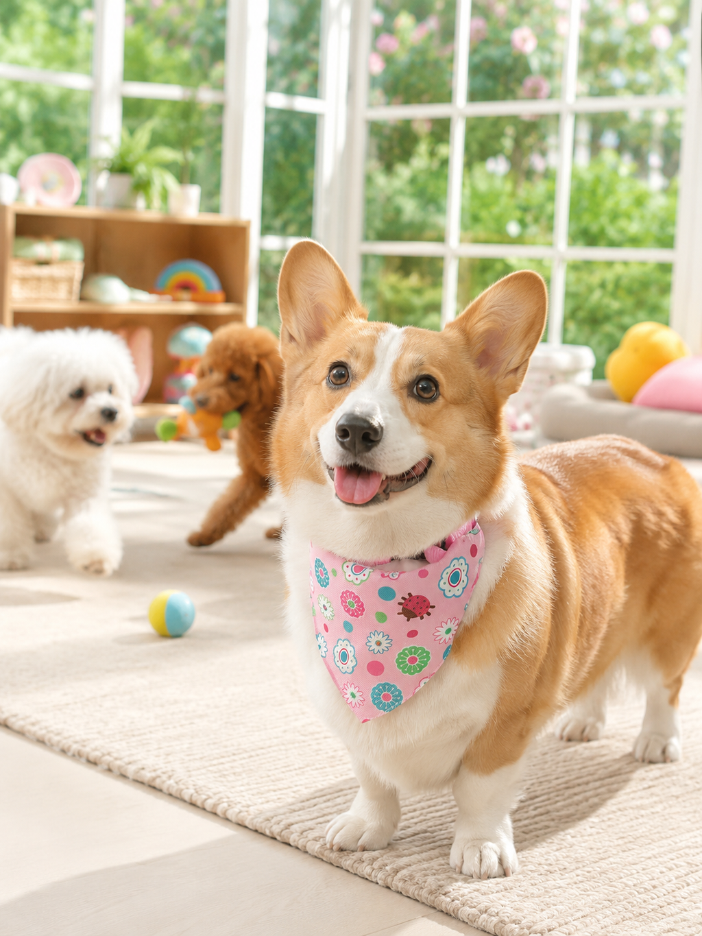 Pink Floral Ladybug Dog Bandana Collar, Adjustable Pet Triangle Scarf, Cute Puppy Neckerchief for Daily Walks & Outdoor Pet Photography