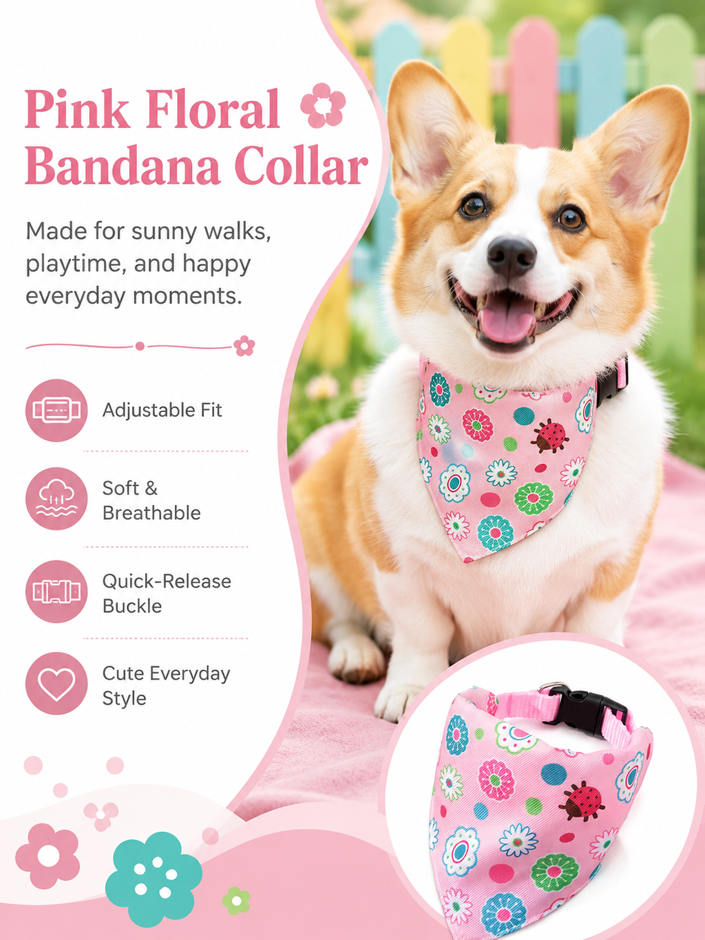 Pink Floral Ladybug Dog Bandana Collar, Adjustable Pet Triangle Scarf, Cute Puppy Neckerchief for Daily Walks & Outdoor Pet Photography
