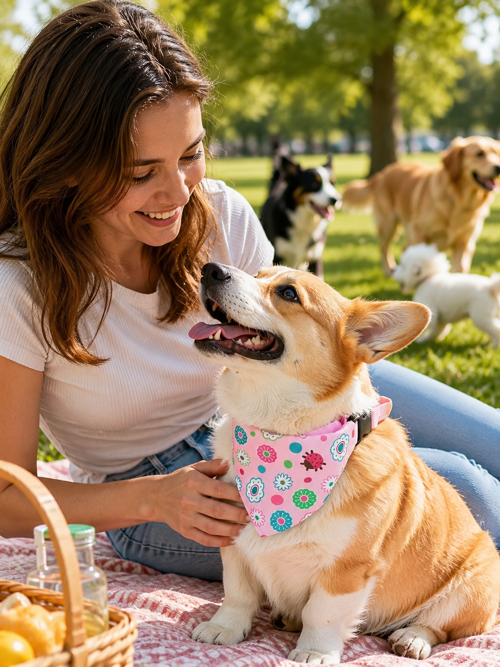 Pink Floral Ladybug Dog Bandana Collar, Adjustable Pet Triangle Scarf, Cute Puppy Neckerchief for Daily Walks & Outdoor Pet Photography